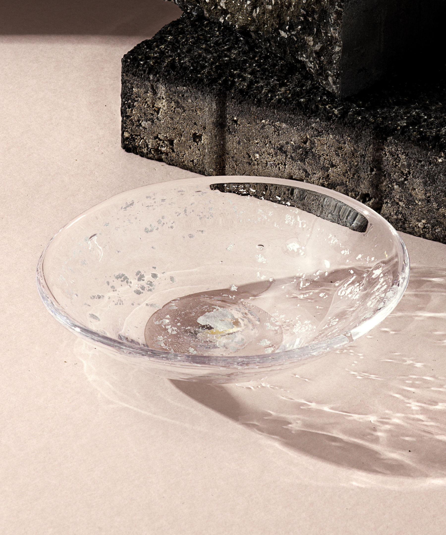 molten 1090 fleck hand blown glass bowl silver