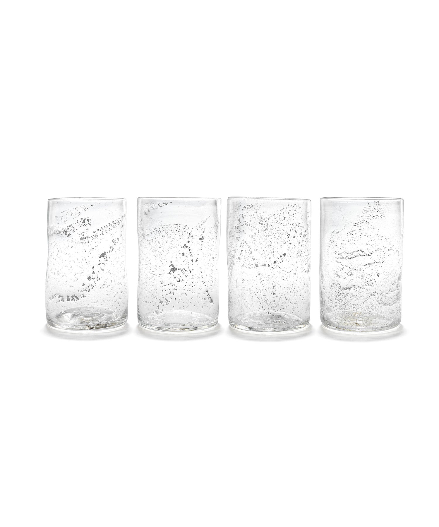 Molten 1090 FLECK hand blown glass tumblers silver set of 4 horizonal line up