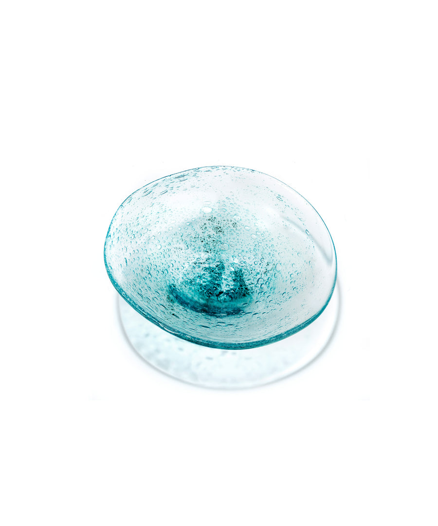 molten 1090 FLUX hand blown glass trinket bowl copper blue above