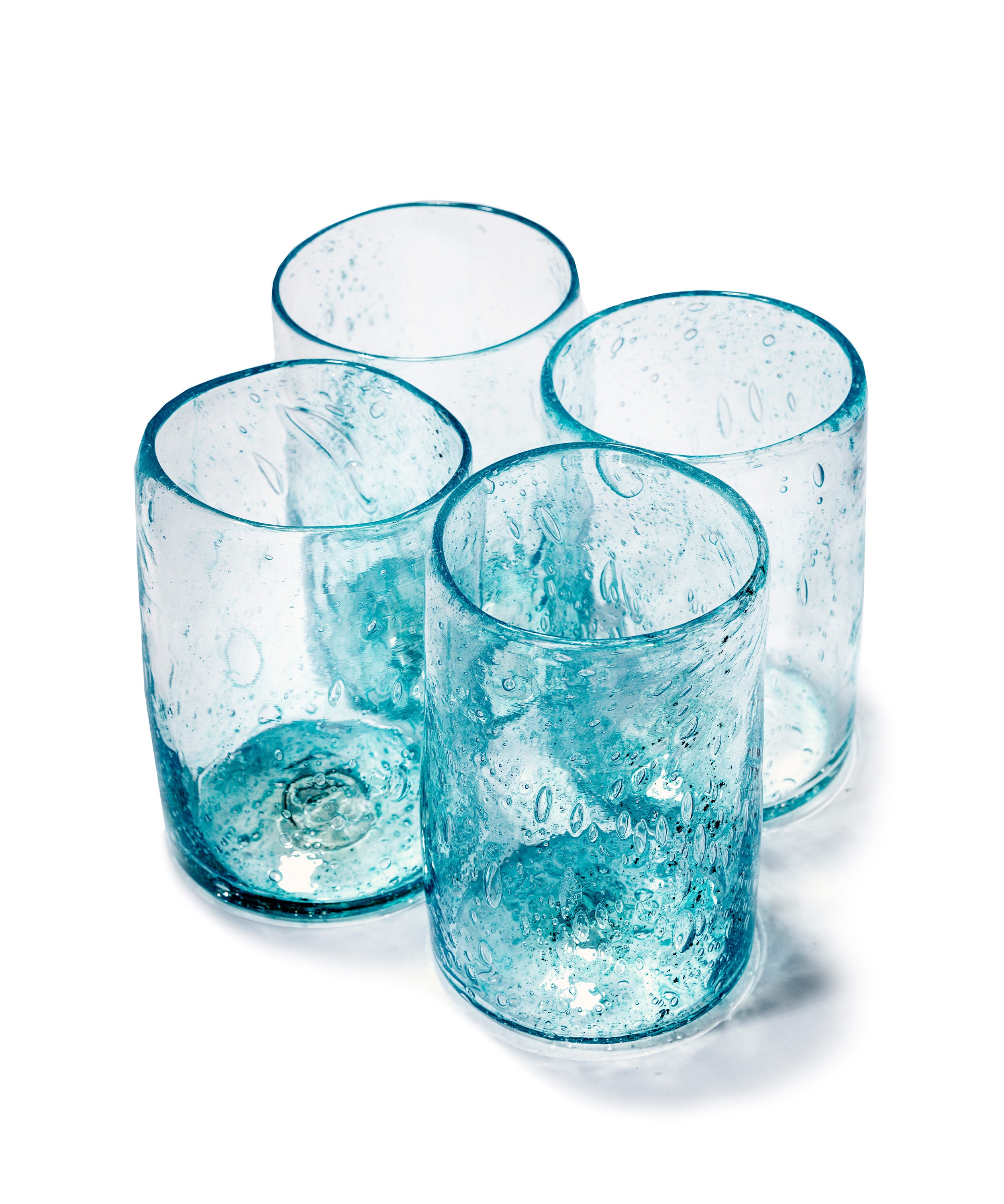 molten 1090 FLUX hand blown glass tumblers copper blue set of 4 above